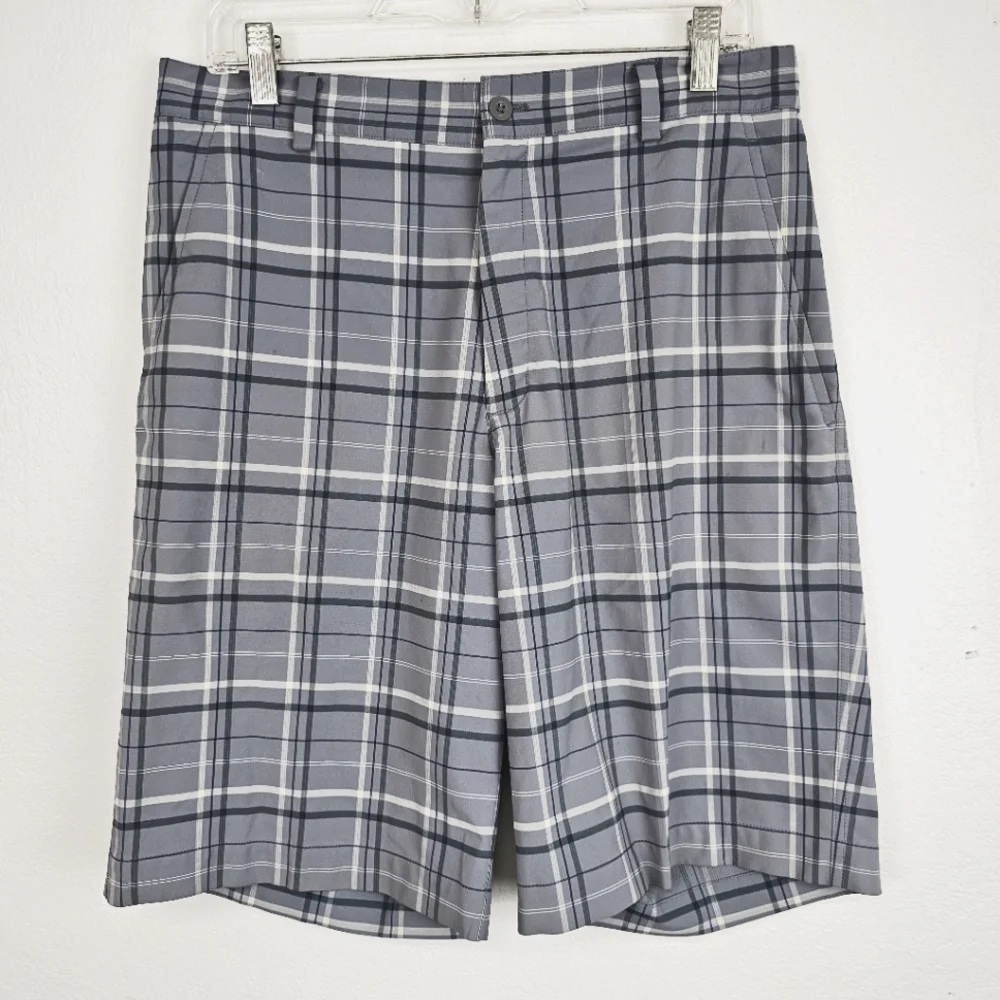 Nike Mens Shorts Gray Navy Plaid  Zip Front Sz 32 Activewear Golf Athleisure